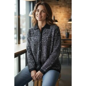 NWT VTG Cervelle Button Up Shirt Washable 100% Silk Womens M Gray Black Long SLV